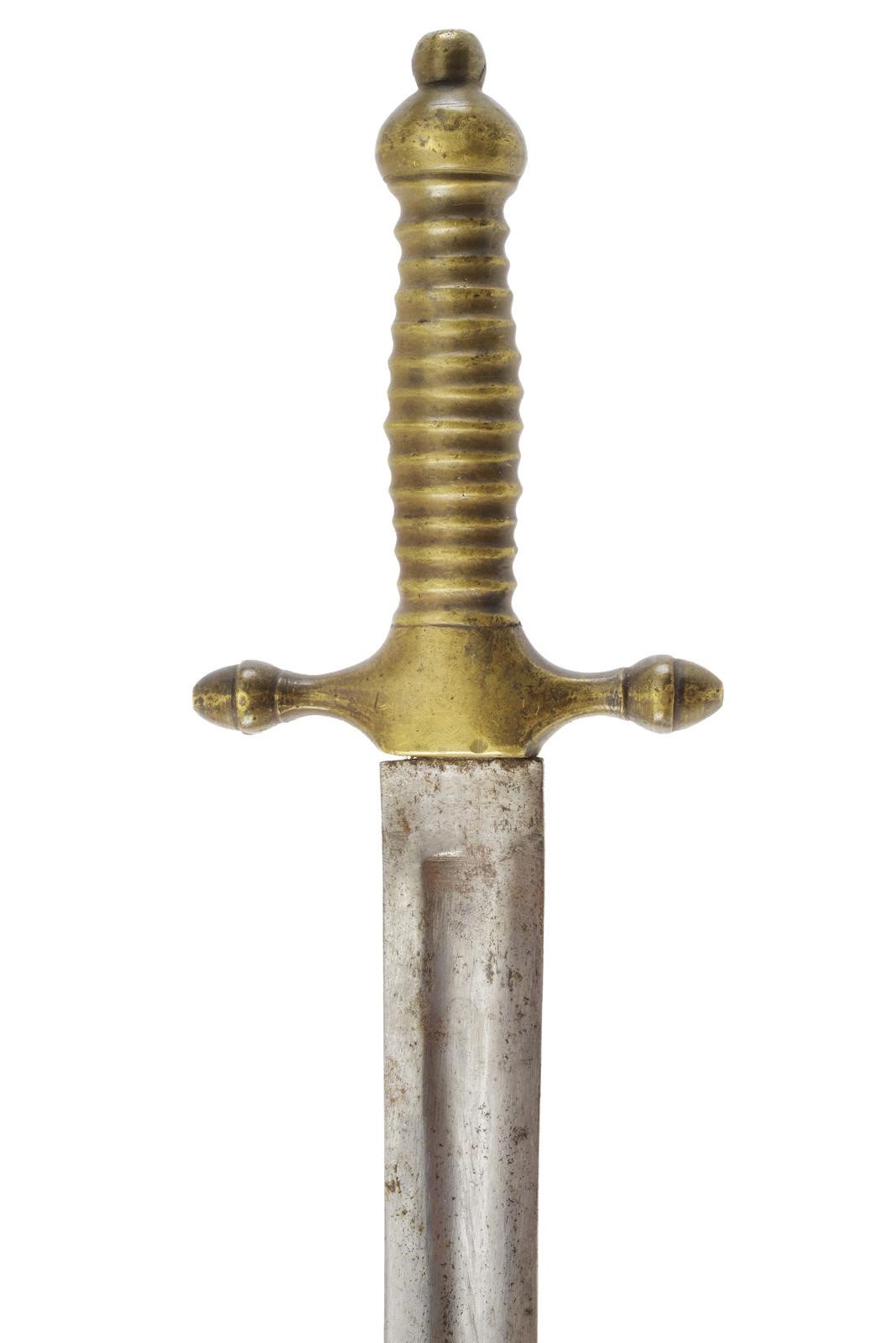 Daga della Guardia Nazionale, lama in acciaio dritta a due fili con fornitura in ottone recante c...