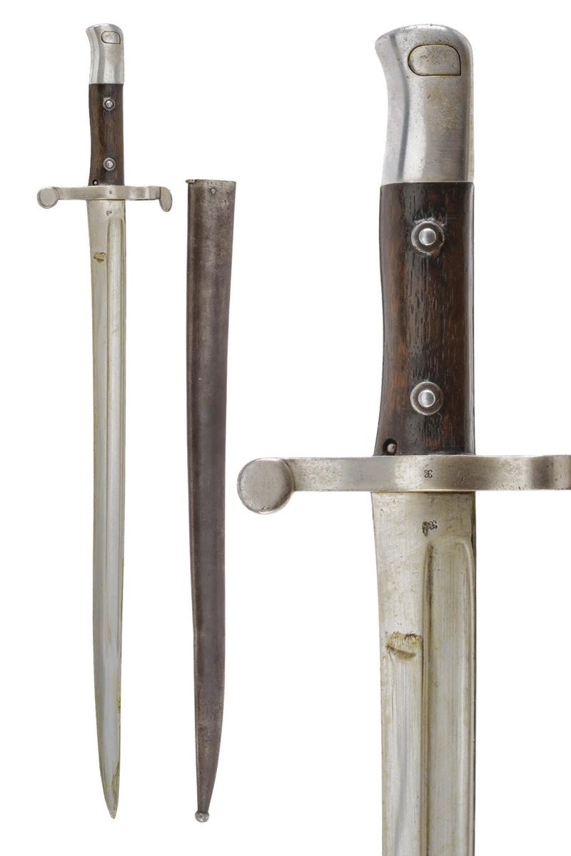 Baionetta per Kropatschek Mod. 1886, lama con marcatura Steyr 1886 e fodero in ferro