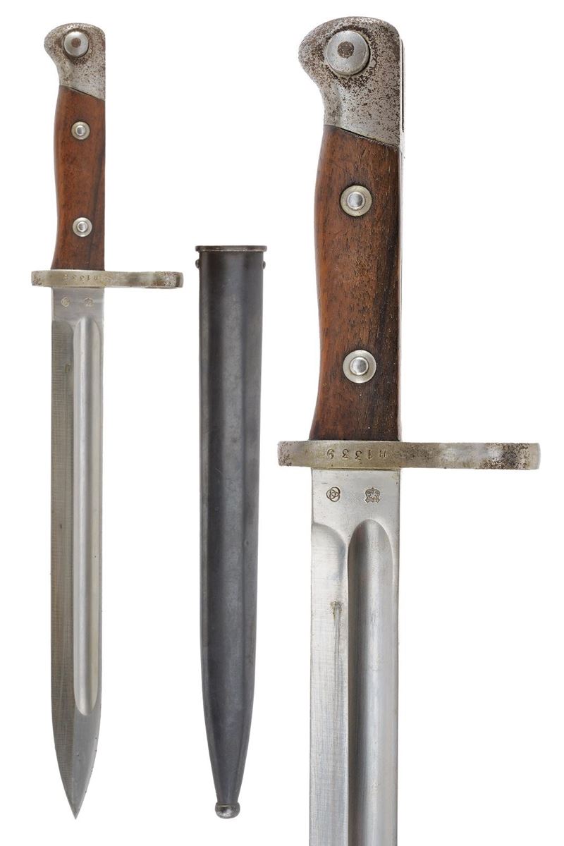 Baionetta per Mauser K98, lama dritta punzonata con emblema cileno e marcatura di Solingen