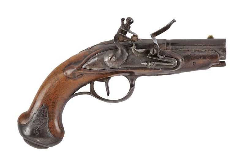 Pistola da viaggio a pietra focaia, canna a due ordini con volata a mirino in ottone (cal. 10 mm)