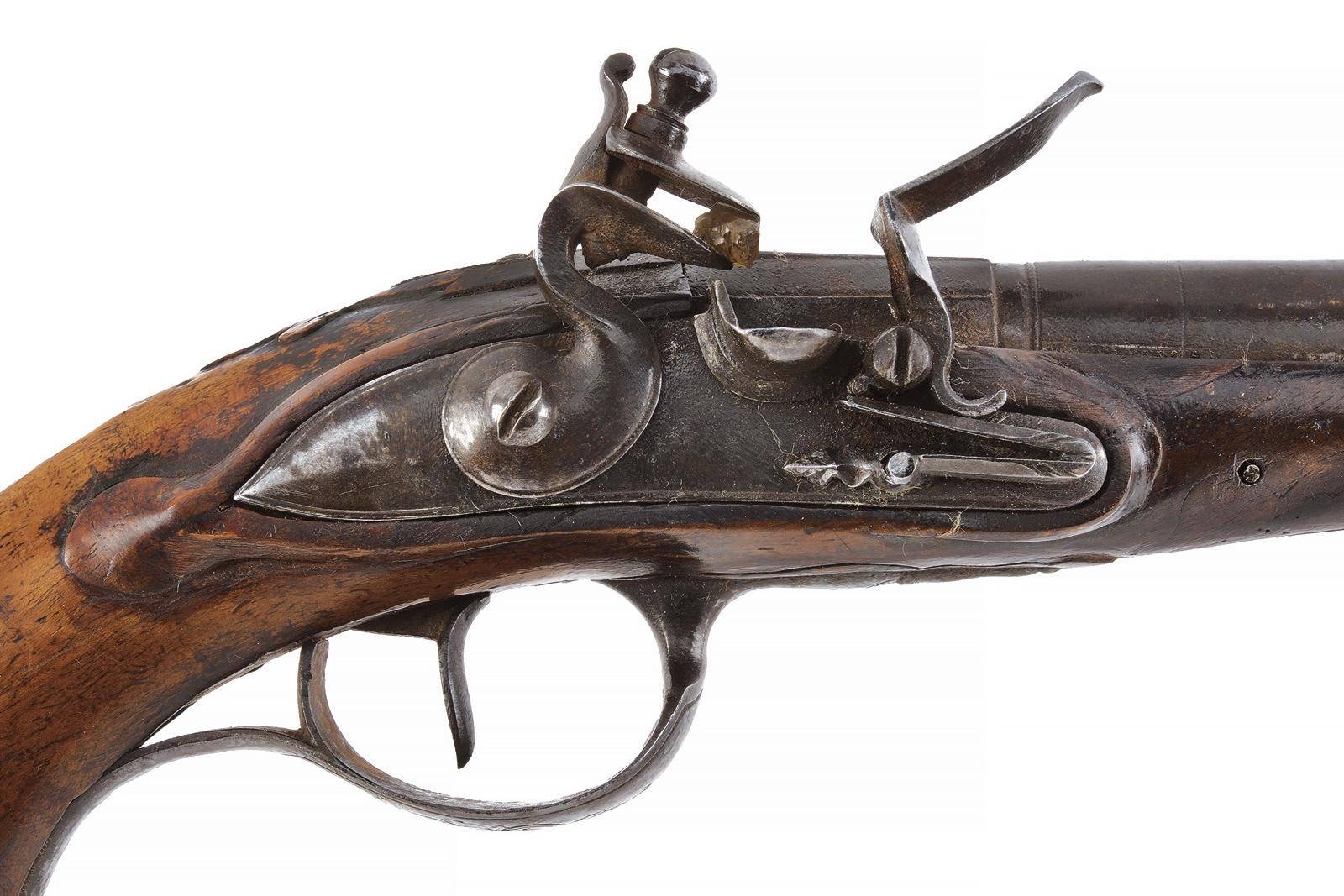 Pistola da viaggio a pietra focaia, canna a due ordini con volata a mirino in ottone (cal. 10 mm)