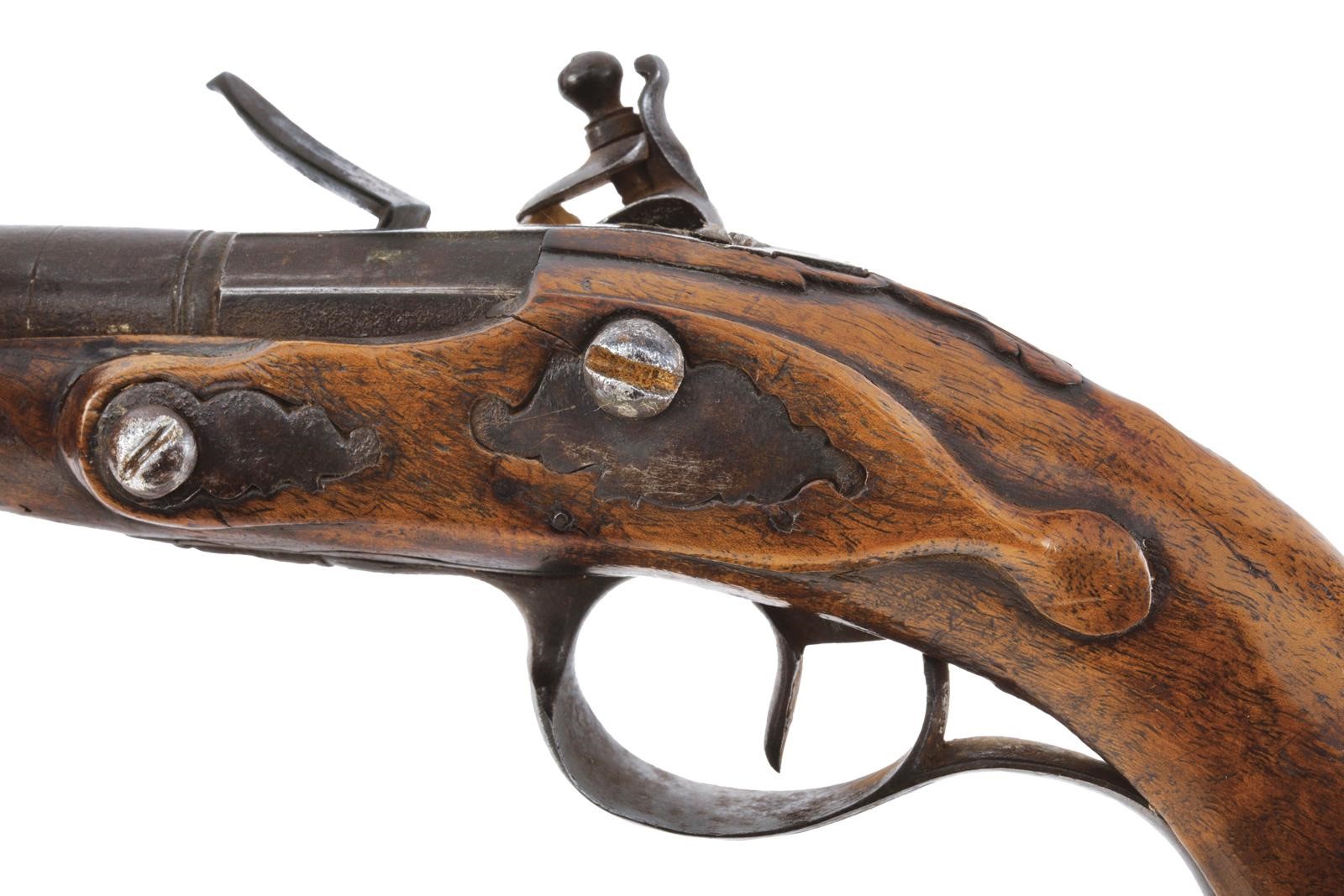 Pistola da viaggio a pietra focaia, canna a due ordini con volata a mirino in ottone (cal. 10 mm)