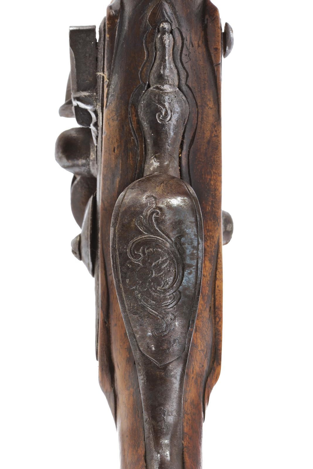 Pistola da viaggio a pietra focaia, canna a due ordini con volata a mirino in ottone (cal. 10 mm)