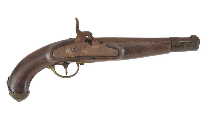Militaria, Pistola a luminello composita (canna tonda) con cassa in legno