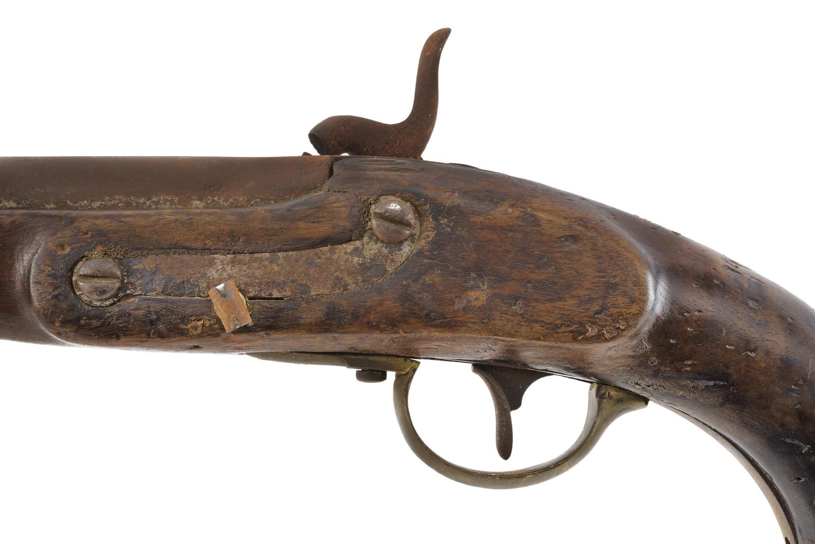Militaria, Pistola a luminello composita (canna tonda) con cassa in legno