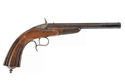 Pistola da sala sul tipo Flobert, canna liscia ottagonale e finimenti in ferro