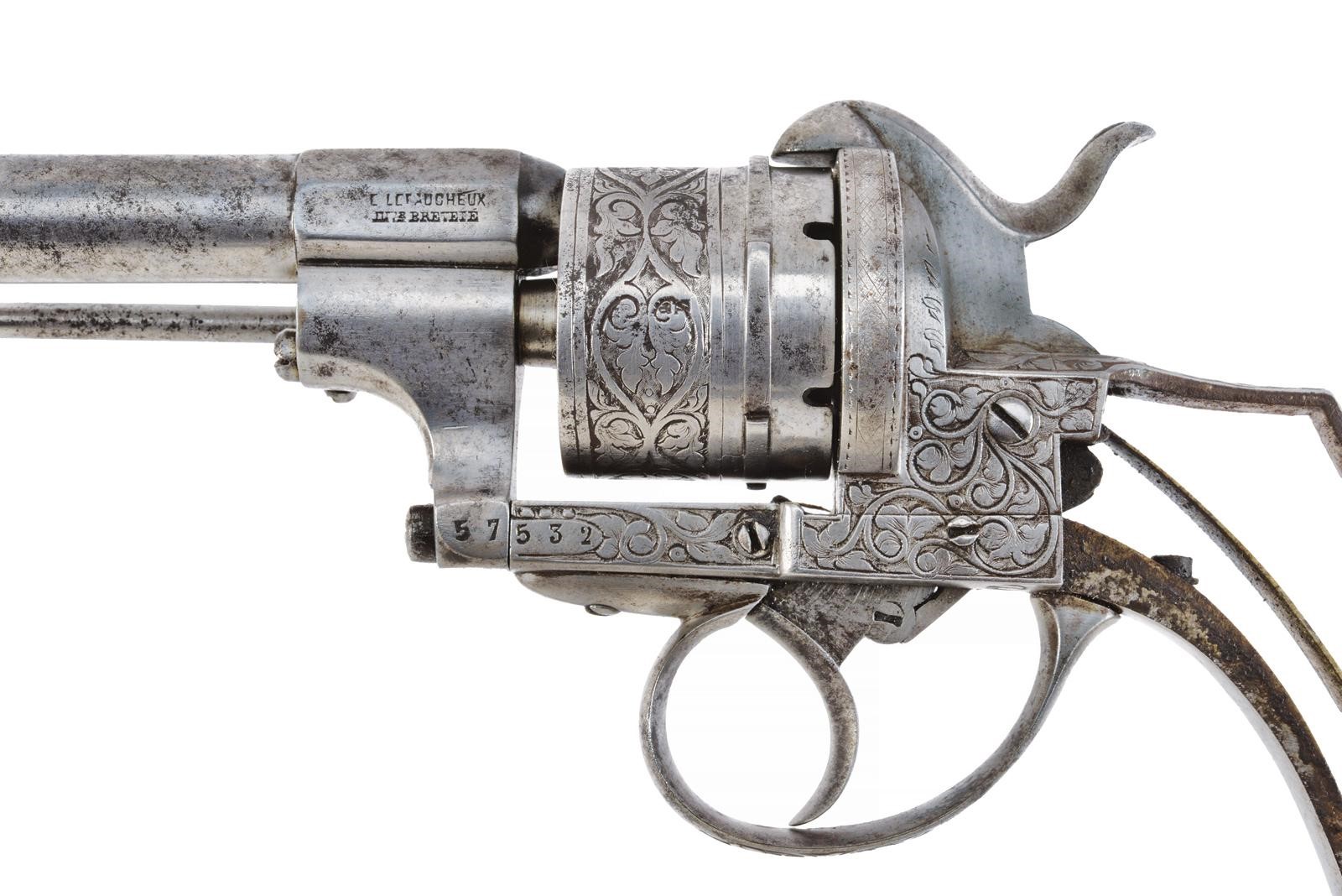 Lefaucheux (a spillo), Revolver a spillo, Liegi, con canna rigata e tamburo inciso