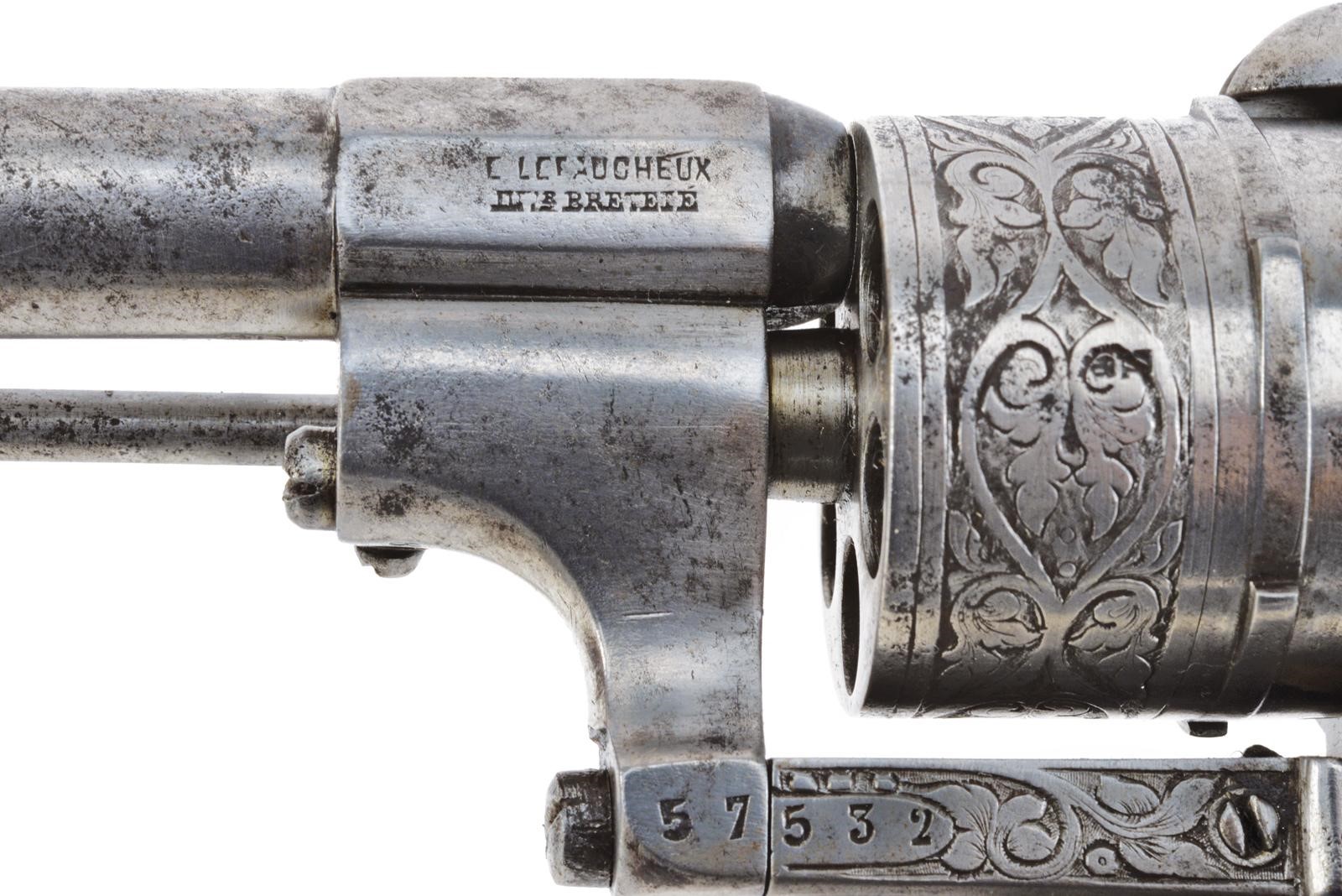 Lefaucheux (a spillo), Revolver a spillo, Liegi, con canna rigata e tamburo inciso