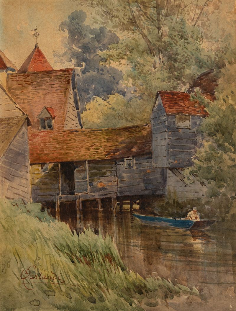 Attribuito a Onorato Carlandi Roma 1848 - 1939 - Carlandi, Paesaggio fluviale con casolari e figu...