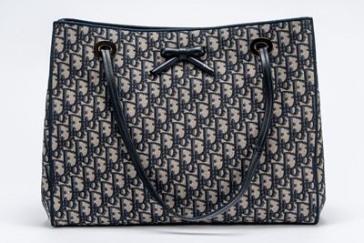Borsa Shopping in tela Dior Oblique bianca e blu