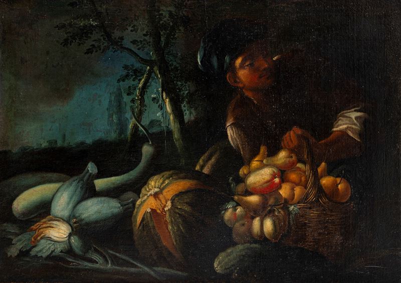 Scuola Italiana, Fine Secolo XVII - Inizi Secolo XVIII - Ragazzo con cesto di frutta, olio su tel...