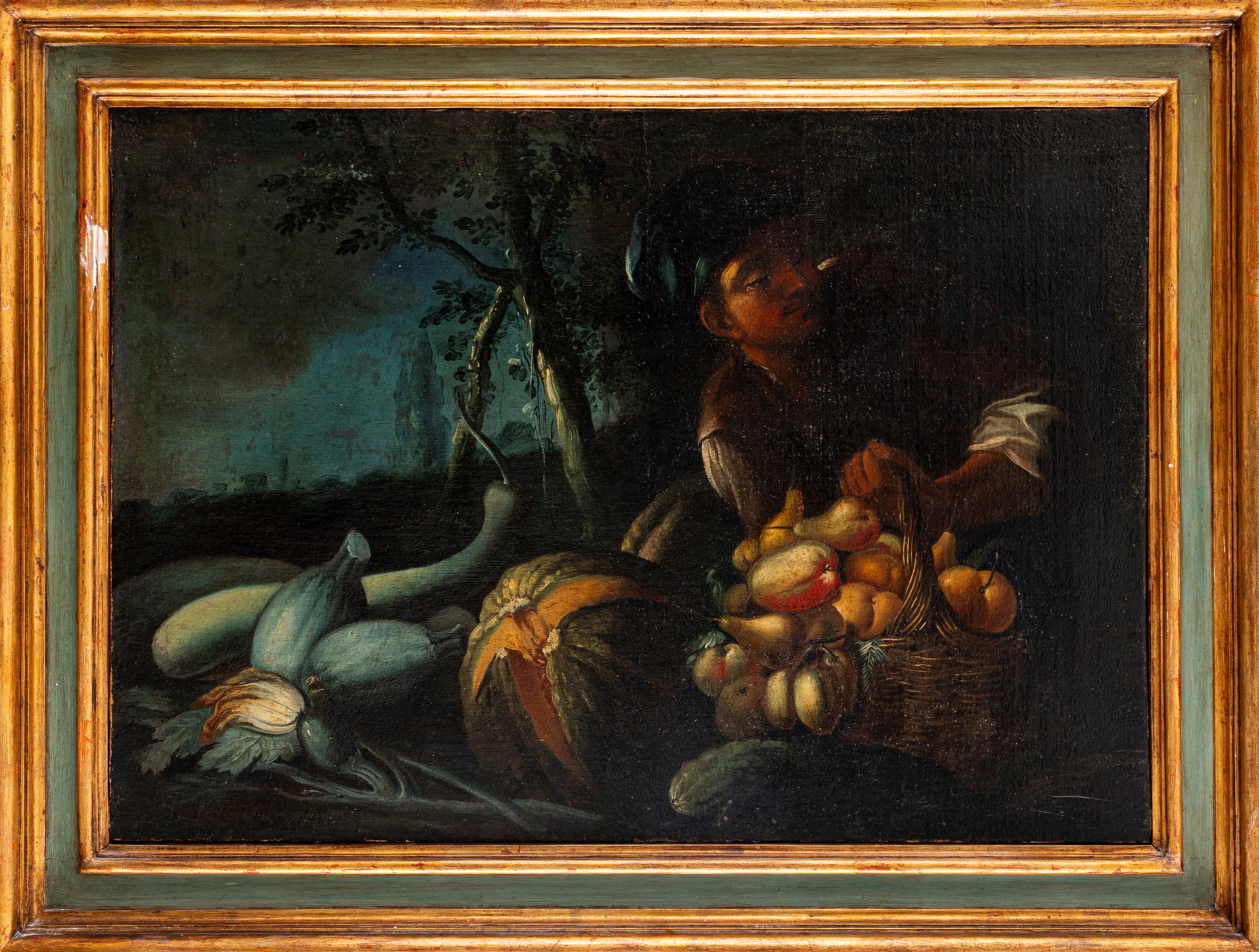 Scuola Italiana, Fine Secolo XVII - Inizi Secolo XVIII - Ragazzo con cesto di frutta, olio su tel...