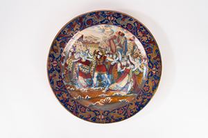 Grande piatto da parata in maiolica istoriata e a lustro, Santarelli