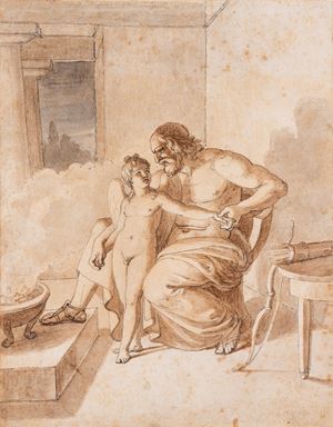 Scena mitologica con Cupido e anziano filosofo