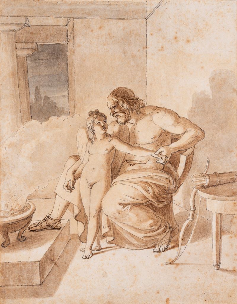Scuola Neoclassica - Scena mitologica con Cupido e anziano filosofo