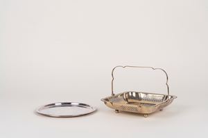 Silver-plated candy basket, England, and silver-plated metal saucer