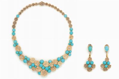 Demi-parure in Turchesi, Oro e Diamanti,