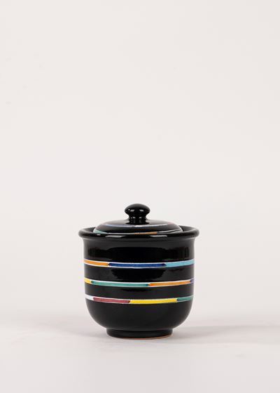 Ars Deruta, Piccolo vaso con coperchio in maiolica nera con strisce policrome
