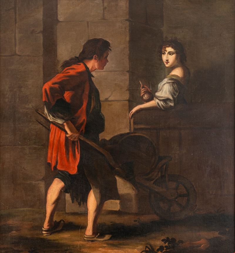 Scuola Italiana, Secolo XVIII - Scena di genere con due popolani, olio su tela