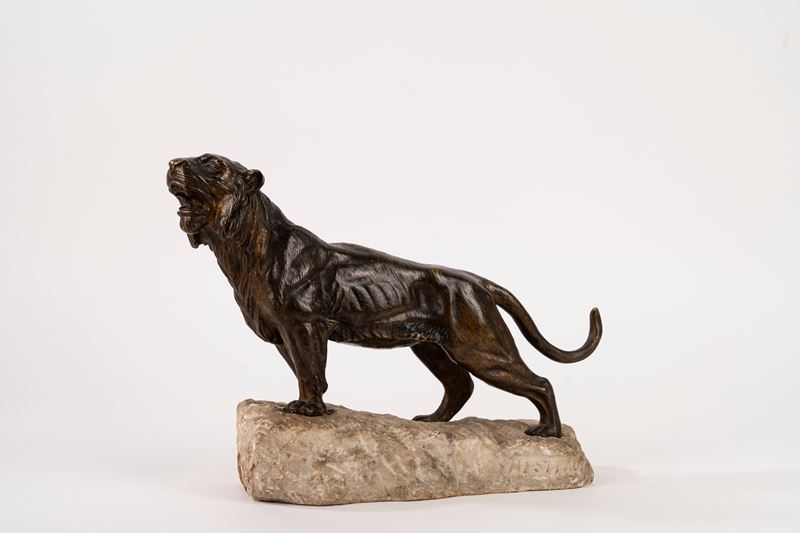 Scuola Francese, Inizi Secolo XX - Tigre, scultura in bronzo su base in pietra, firma “J. Hesteau...