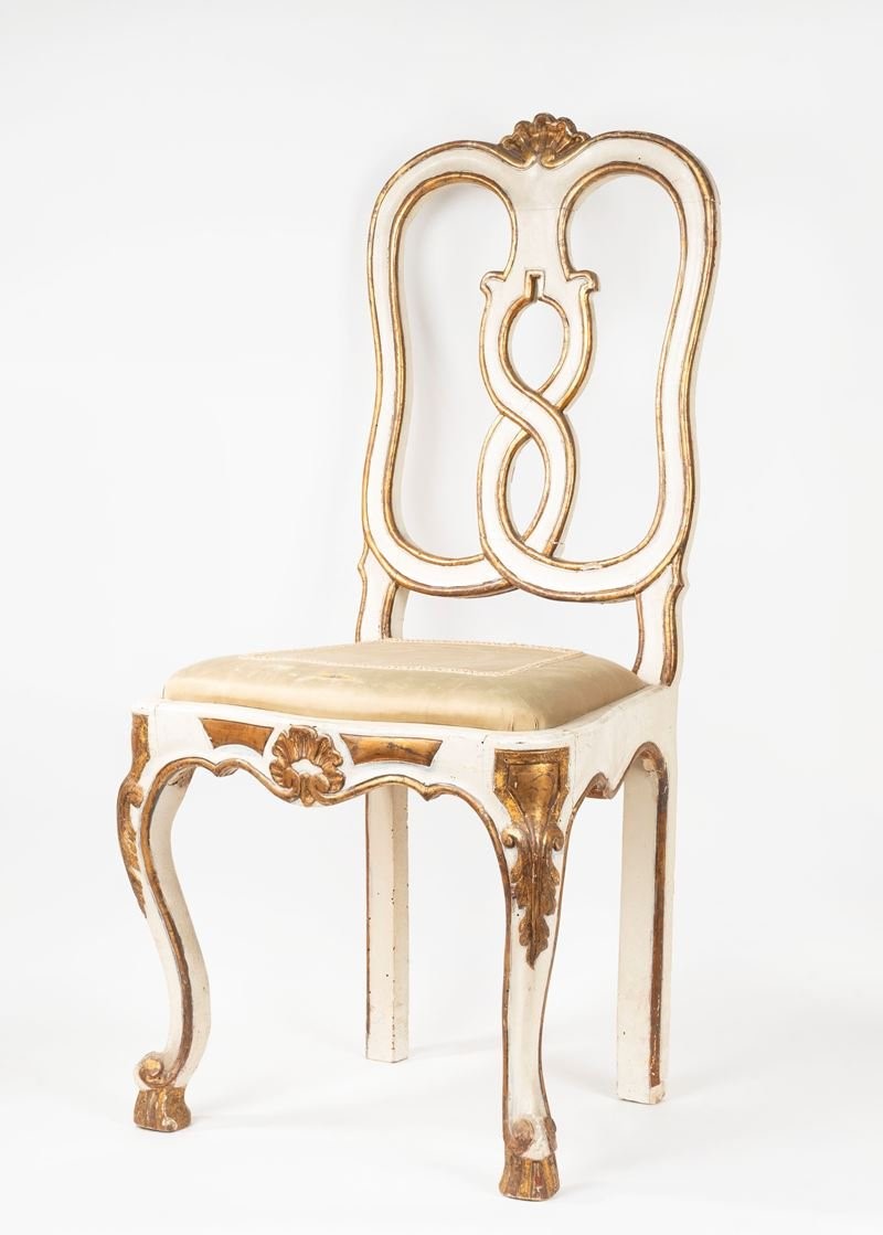 Sei sedie in legno laccato e dorato, Venezia, XVIII secolo