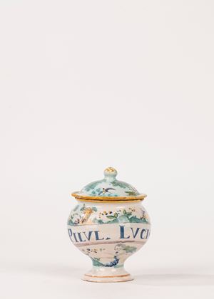 Vaso da farmacia con coperchio, manifattura Fergnani Faenza, fine secolo XVIII