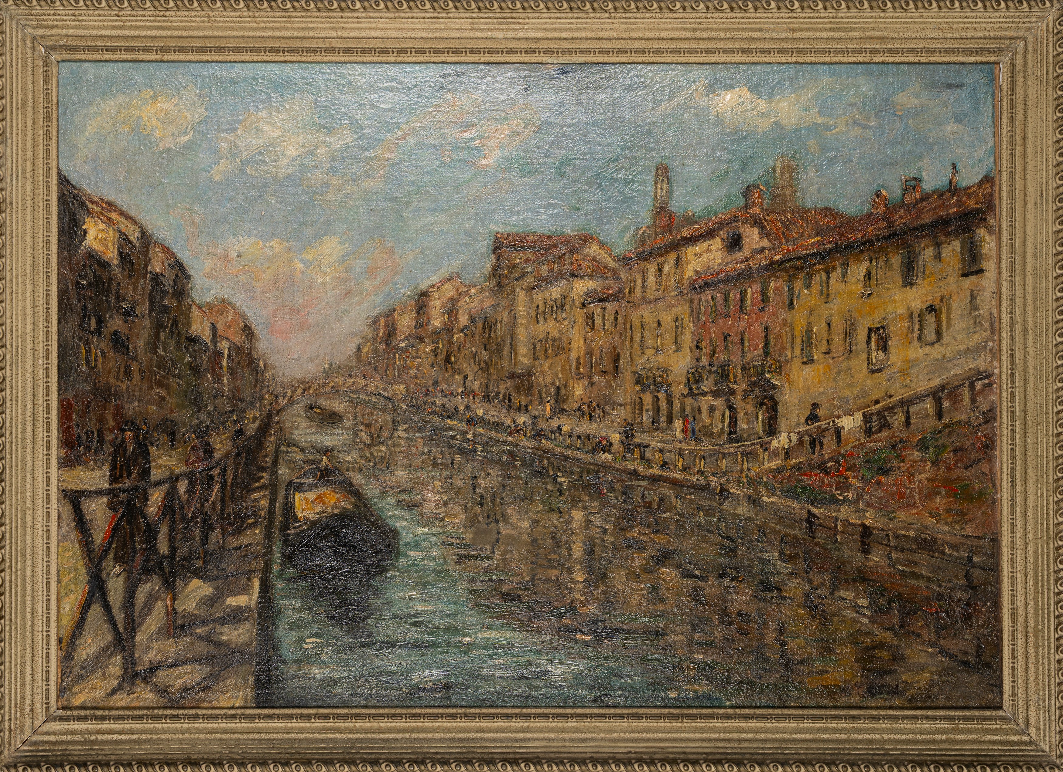 Attribuito a Achille Cattaneo (limbiate 1872 - Milano 1931) - Milano, veduta dei Navigli, olio su...