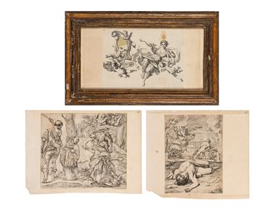 Incisione con figura allegorica, putti musicanti e stemma, carta riportata su cartoncino