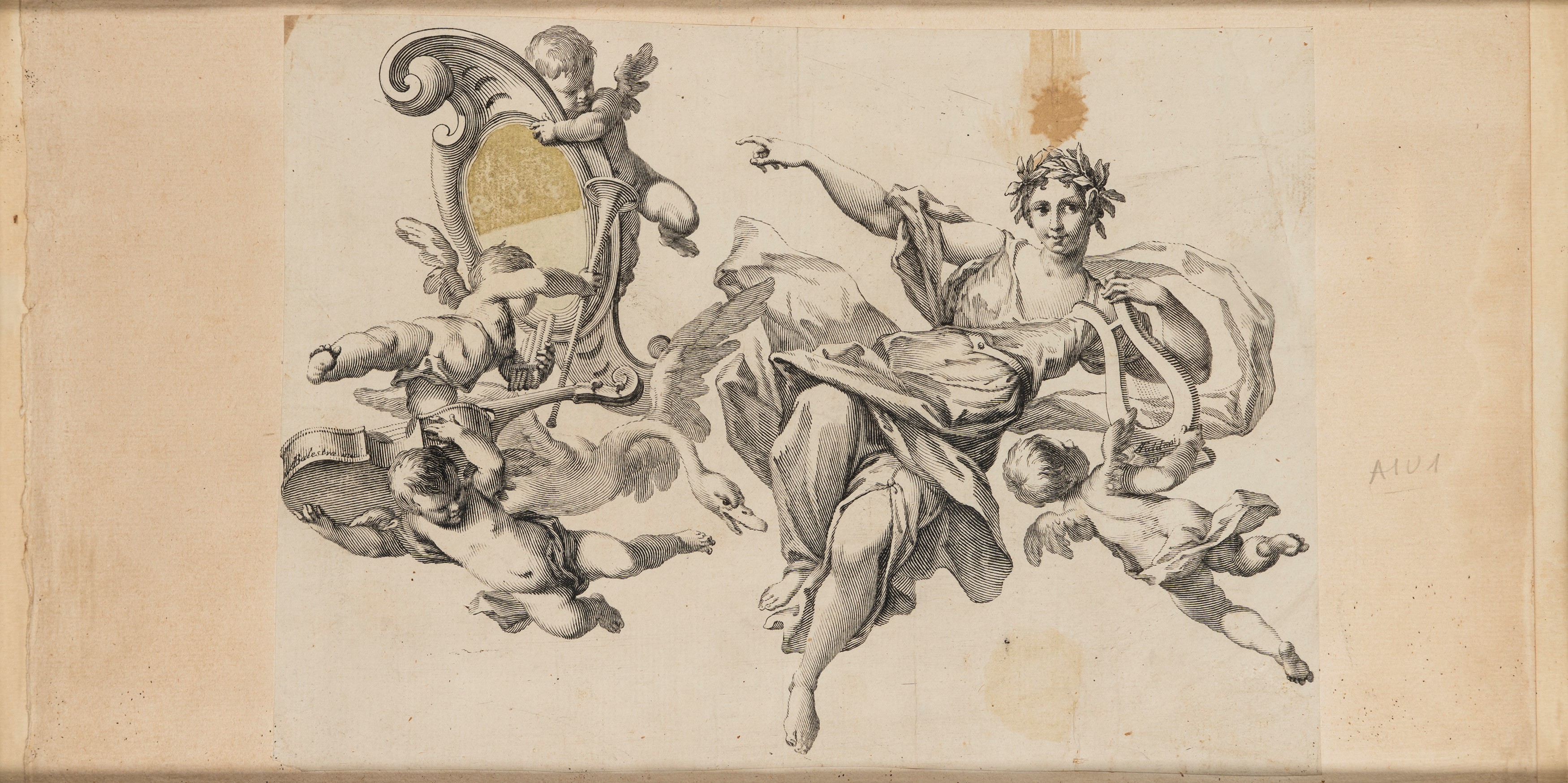 Incisione con figura allegorica, putti musicanti e stemma, carta riportata su cartoncino