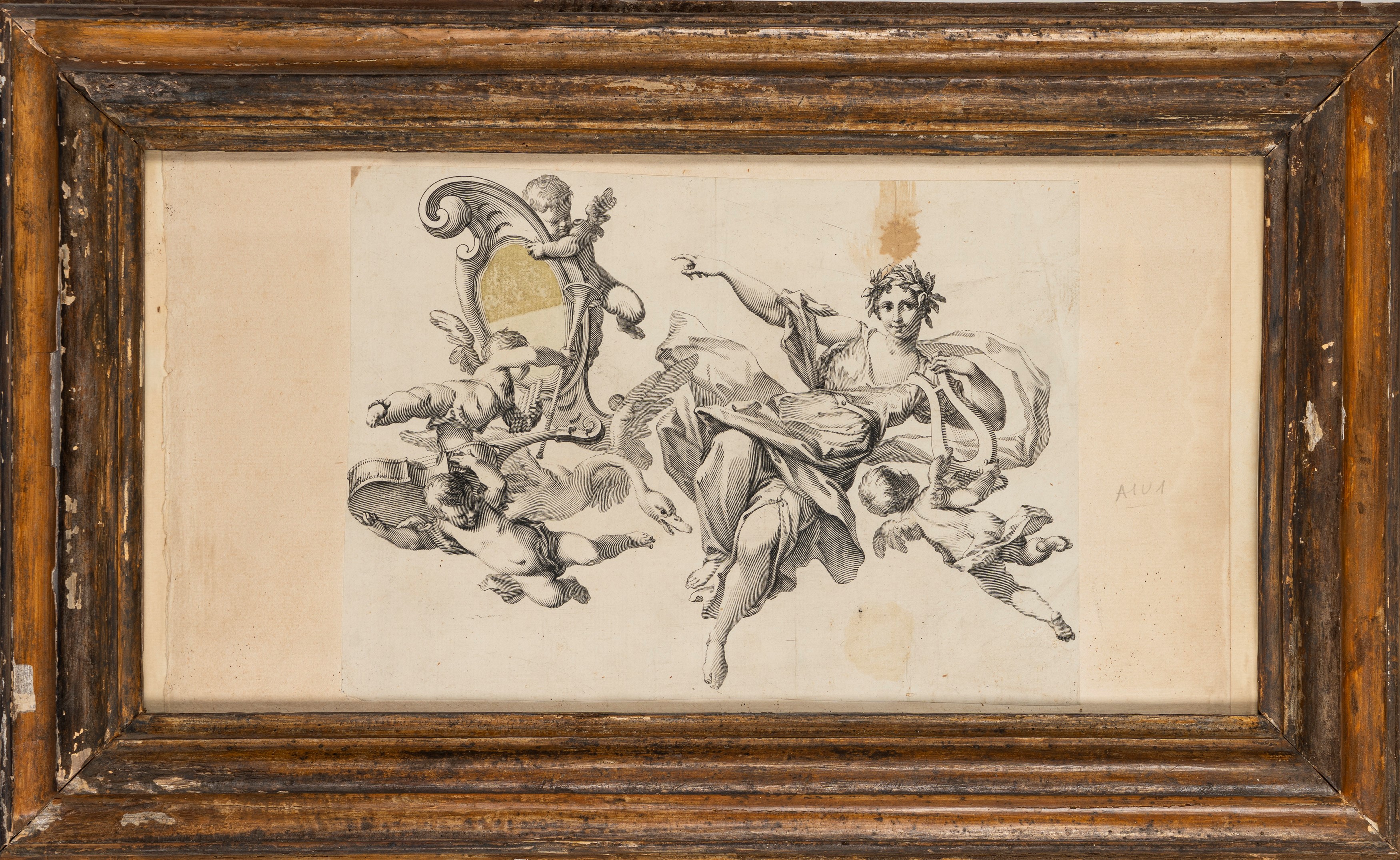 Incisione con figura allegorica, putti musicanti e stemma, carta riportata su cartoncino