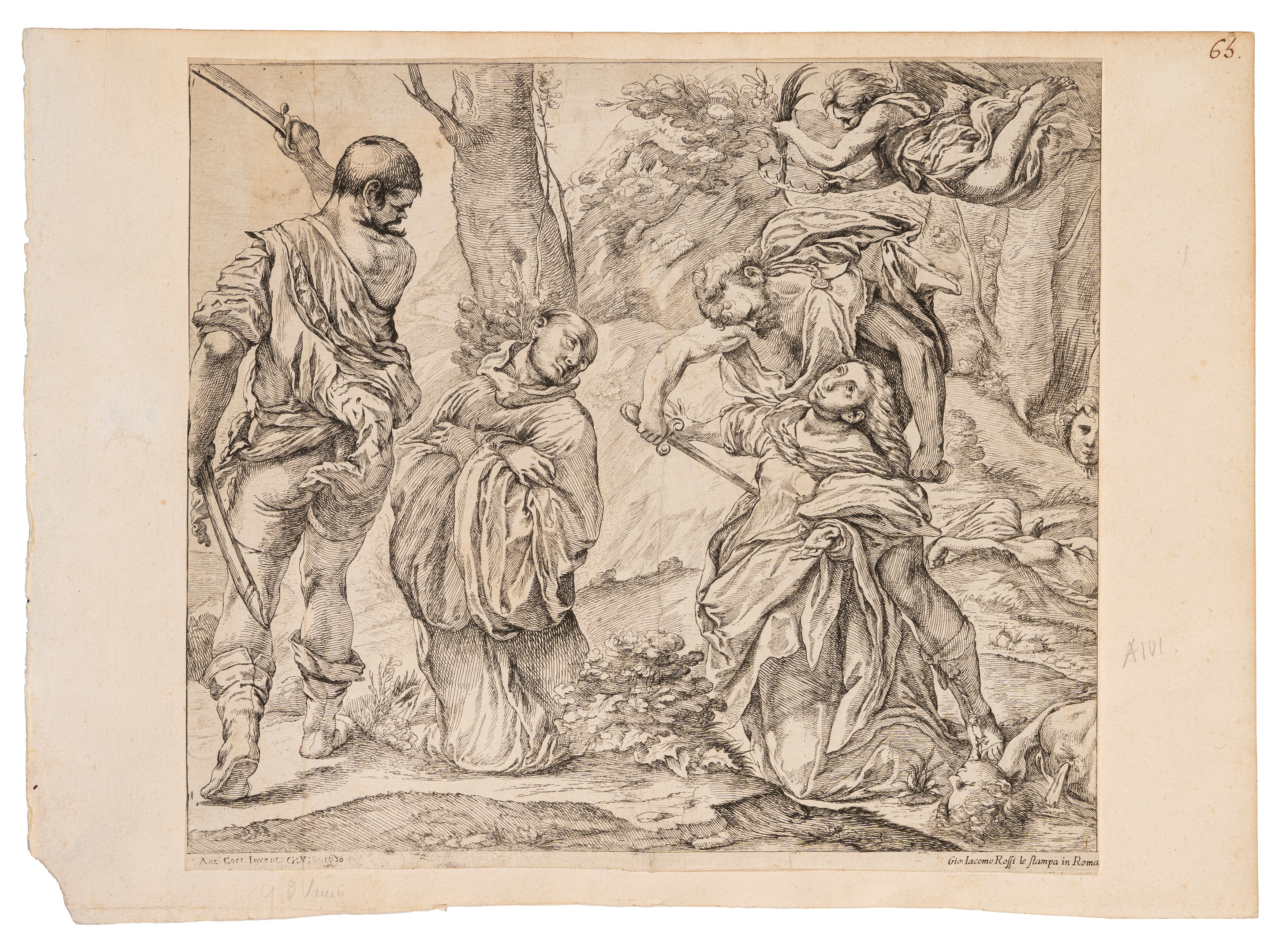 Incisione con figura allegorica, putti musicanti e stemma, carta riportata su cartoncino