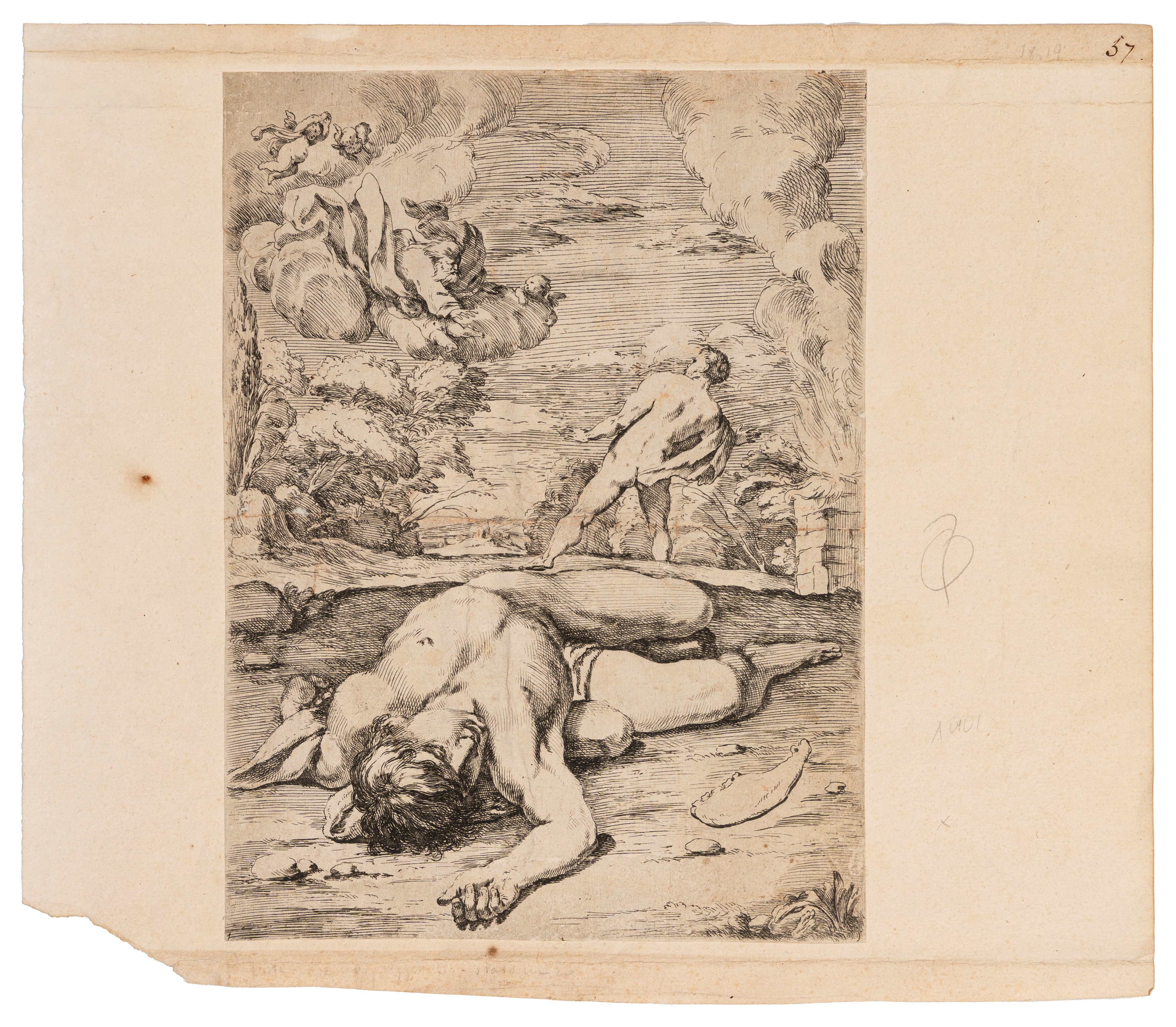 Incisione con figura allegorica, putti musicanti e stemma, carta riportata su cartoncino