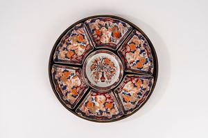 Imari porcelain appetizer set with lacquer tray, Japan, late 19th century