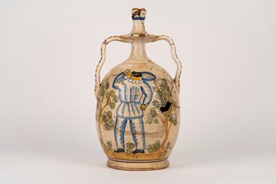 Orcio biansato in terraglia smaltata, decorazione con Pulcinella e pantera, Cerreto Sannita (fine...
