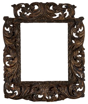 Cornice in legno intagliato e laccato, con tracce di policromia, secolo XVII