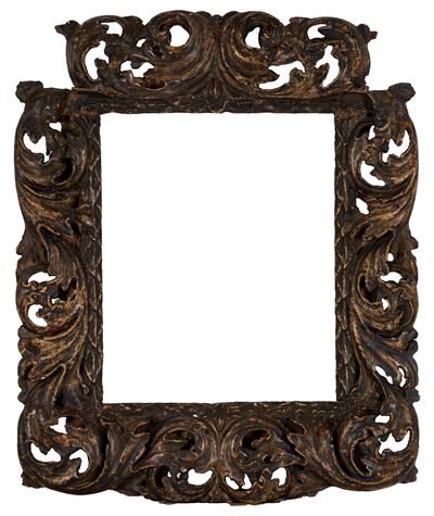 Cornice in legno intagliato e laccato con tracce di policromia, secolo XVII