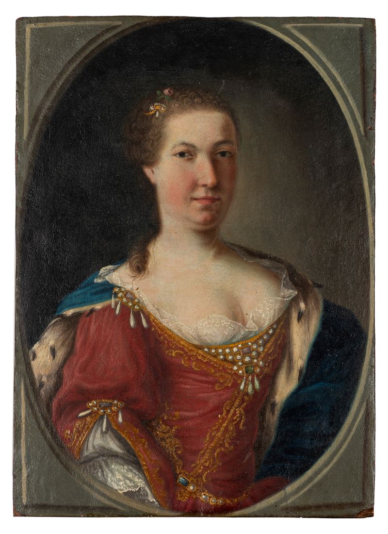 Scuola Europea, Secolo XVII - Ritratto di principessa in abito rosso, olio su rame in ovale