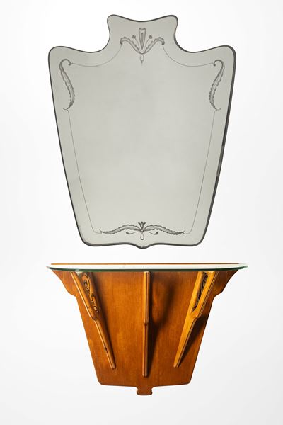 Console con specchiera sagomata, legno, vetro e ottone (1950 circa)