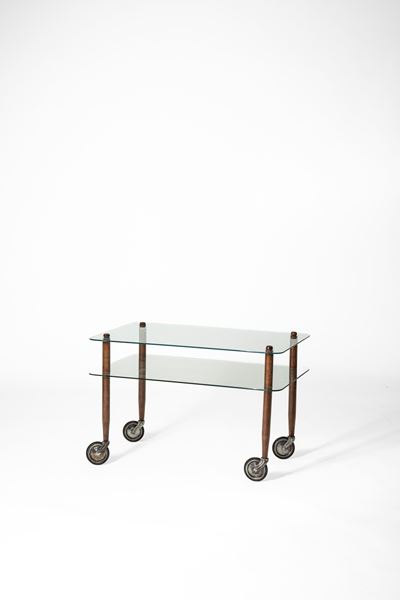 Tavolino su ruote, legno, metallo e vetro temperato, 1950 circa