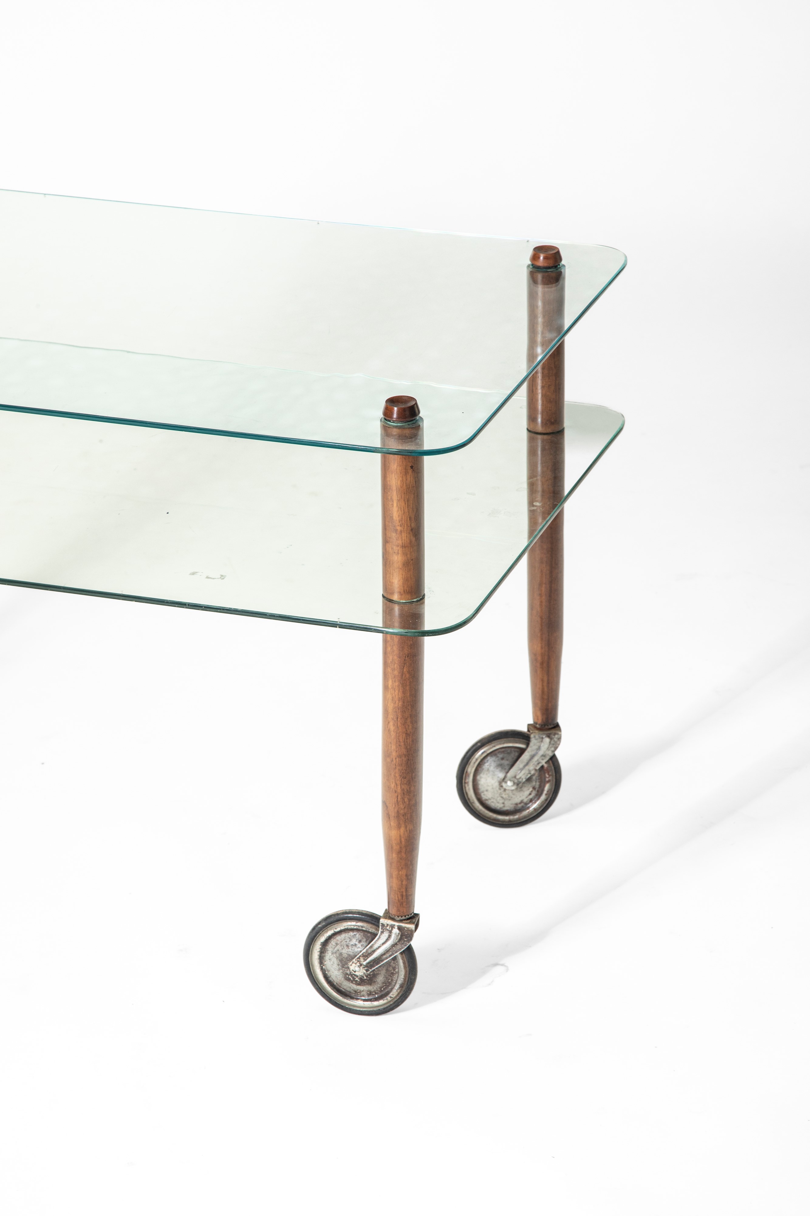 Manifattura Italiana - Tavolino su ruote, legno, metallo e vetro temperato, 1950 circa