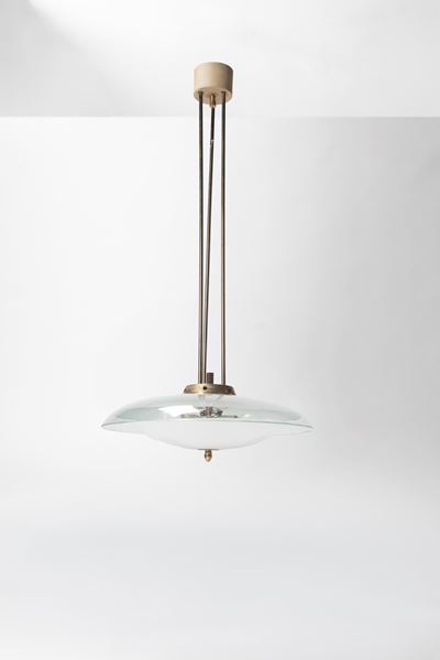 Lampadario a sospensione, vetro molato e satinato, vetro opalino e ottone