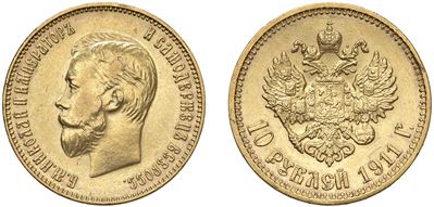 Nicola II (1894–1917), 10 Rubli 1911, San Pietroburgo — moneta in oro