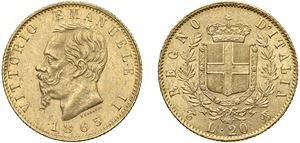 VITTORIO EMANUELE II (1861 - 1878) - 20 lire 1865, Torino.
