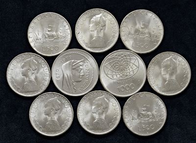 Lotto di 10 monete da 500 e 1000 lire in argento (vari anni), non circolate