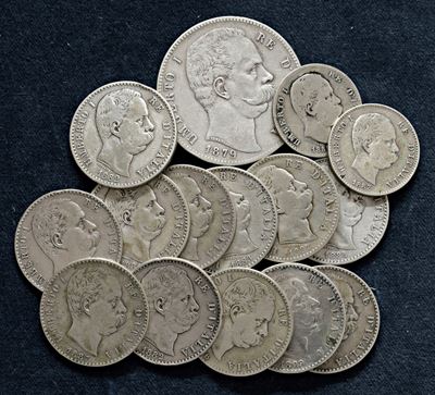 Date non specificate, Lotto di 15 monete di Umberto I (1878–1900), argento