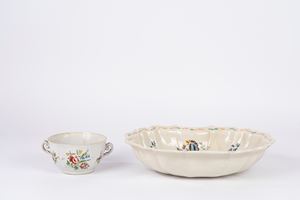 Polychrome decorated majolica basin and cup, 18th century