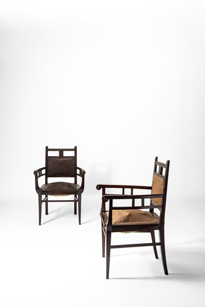 Coppia di poltrone in legno e pelle (stile Art Déco), 1900 circa