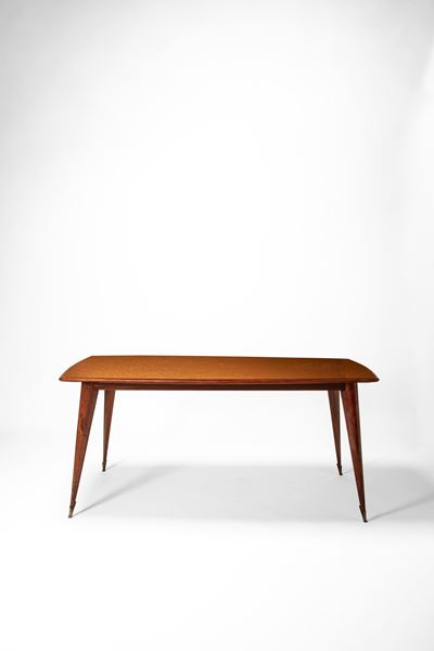 Tavolo, legno impiallacciato, vetro dipinto, 1940 circa