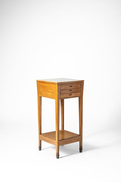 Tavolo alto con cassetti, legno, formica e ottone (circa 1950)