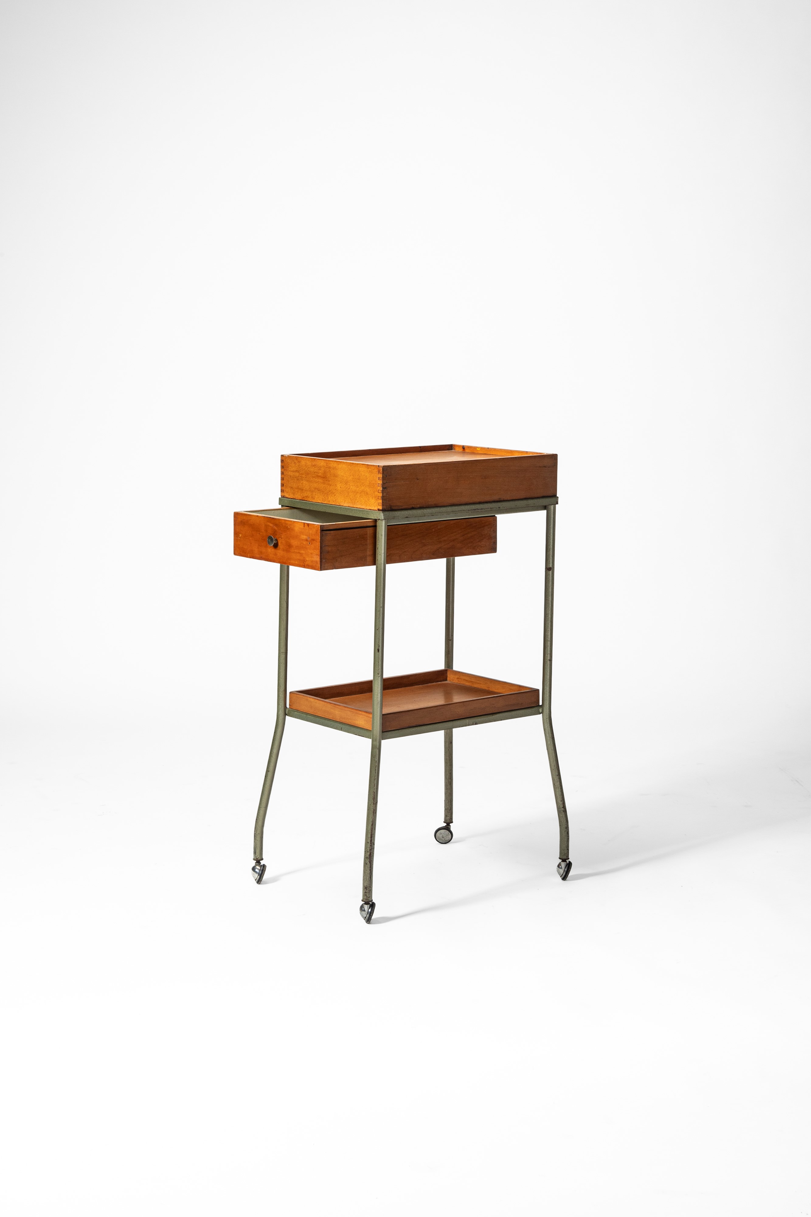 Manifattura Italiana - Mobiletto industriale, legno impiallacciato e metallo, 1950 circa